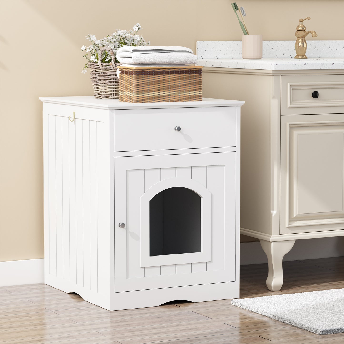Wooden Pet House, Litter Box Fence With Drawers