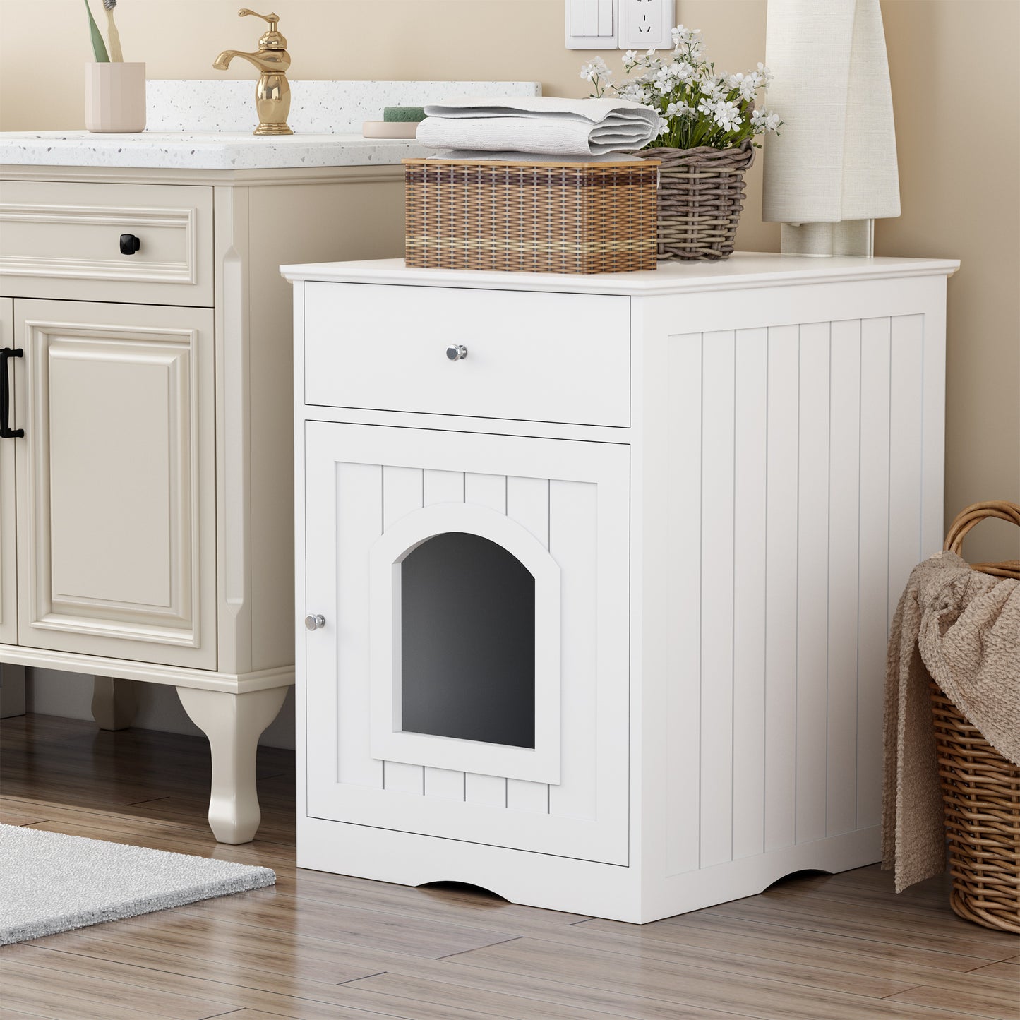 Wooden Pet House, Litter Box Fence With Drawers