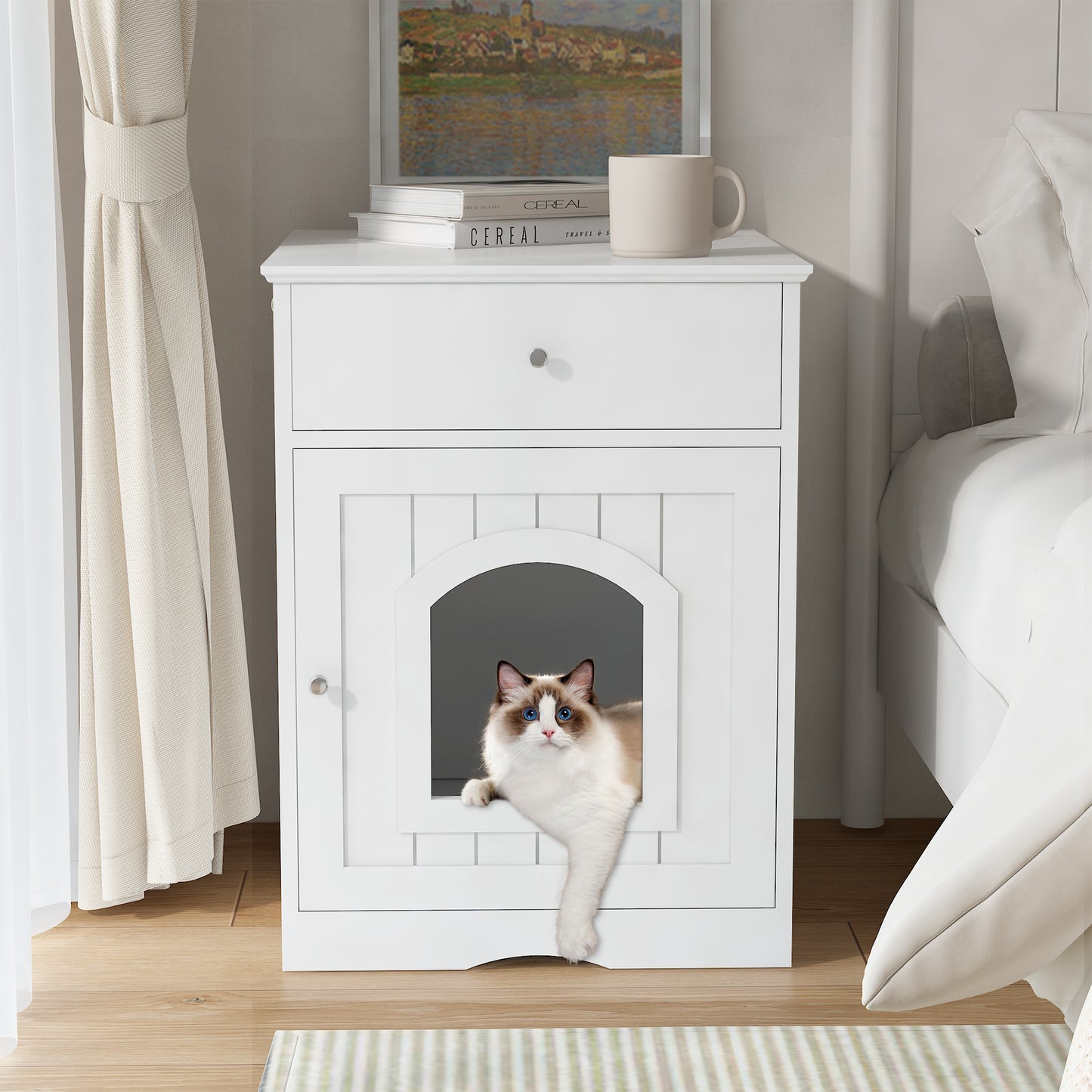 Wooden Pet House, Litter Box Fence With Drawers