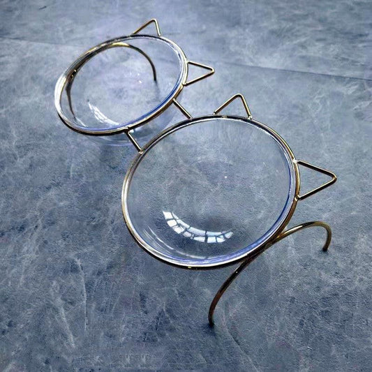 Sparkling Glass Cat Bowl With Elevated Metal Rack - Stylish And Functional Pet Feeder